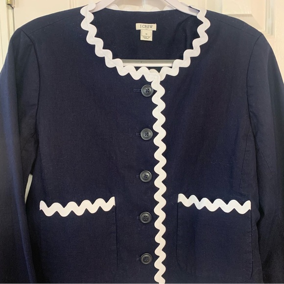 Size 16 J CREW Women Blazer Navy Blue White Ric Rac Trim Lined Button Front - Picture 3 of 6